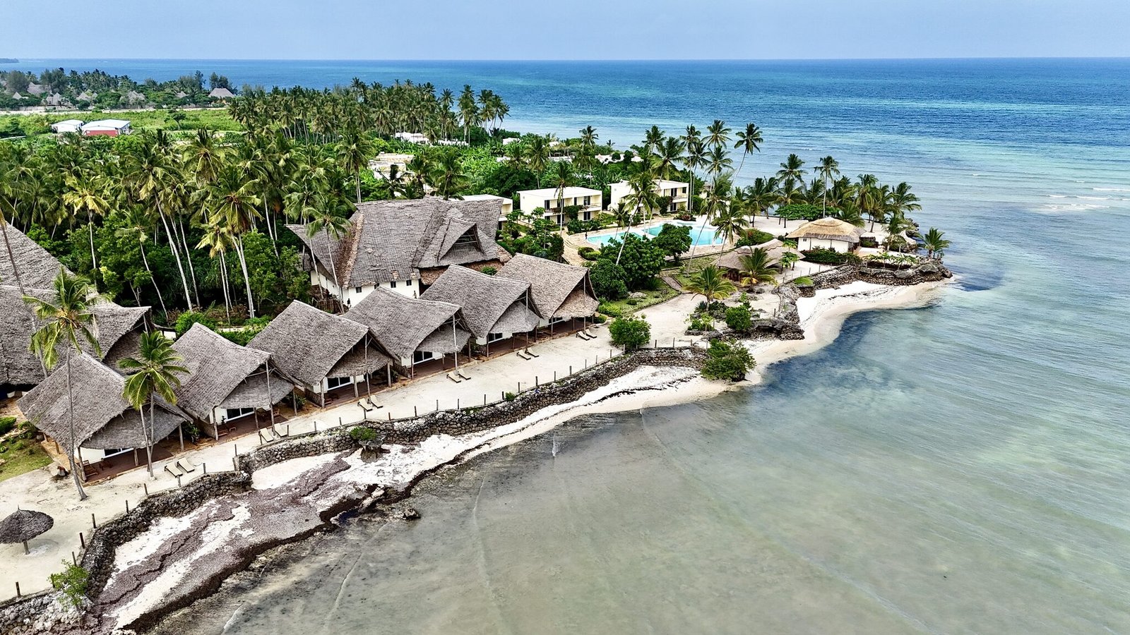Aerial view of the beachfront and villas at Maharaja Boutique Hotel, Zanzibar