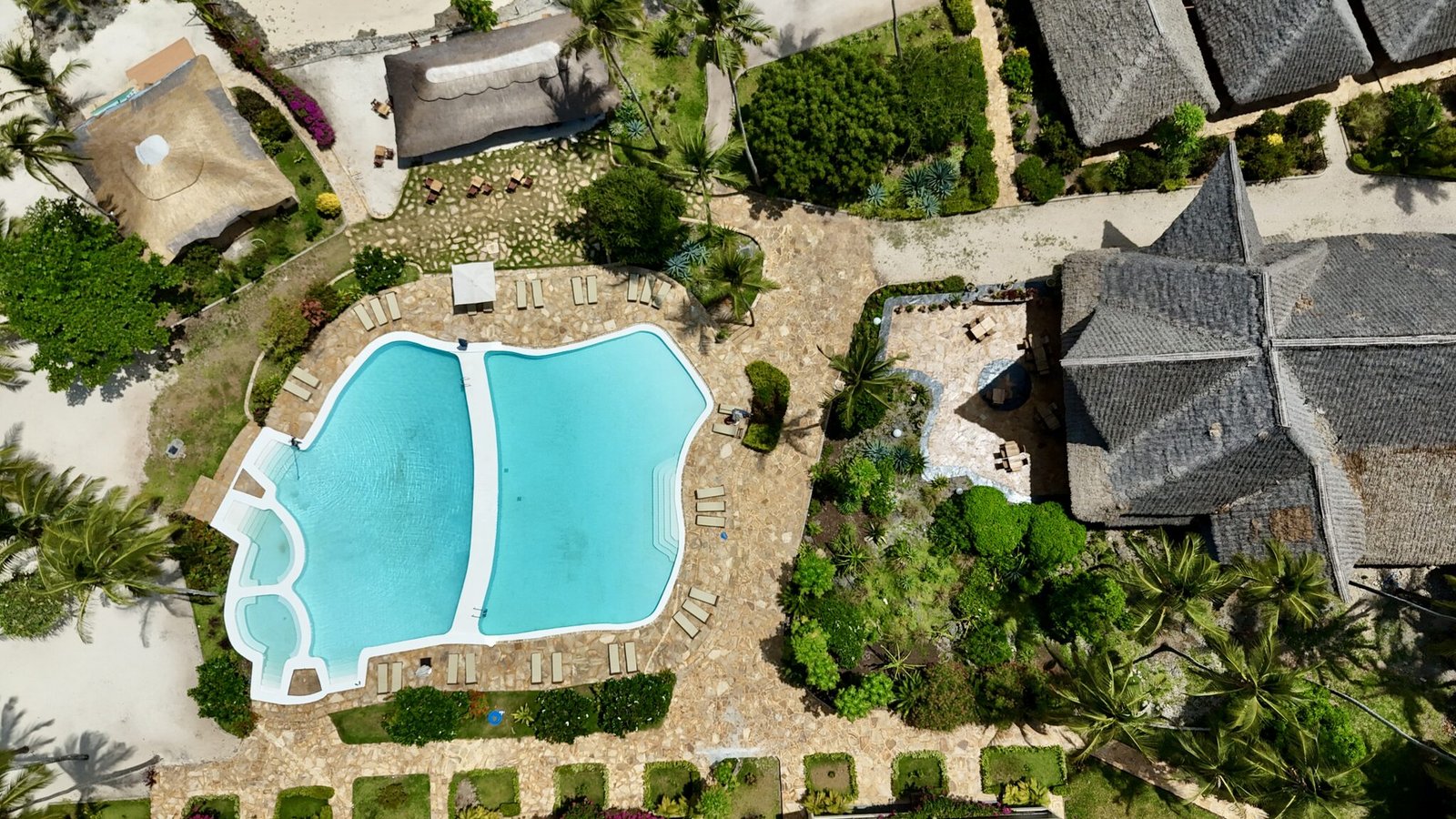 Aerial view of the swimming pool and sun terrace