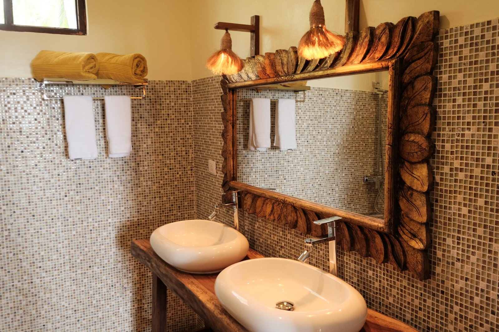 Villa Deluxe twin vessel basins on a teak vanity
