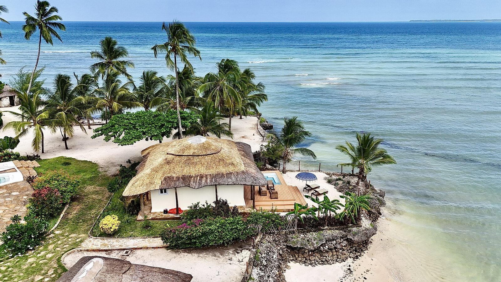 Ocean-view villa surrounded by palms on the Zanzibar shoreline